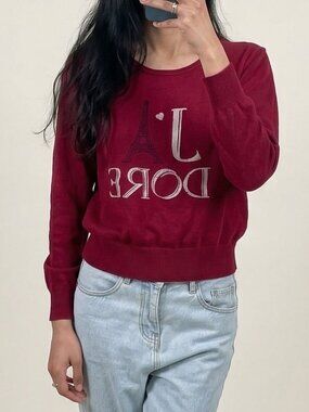 Red “J’adore Paris” Sweater Women Size L Eiffel Tower Graphic Cute Knit Top